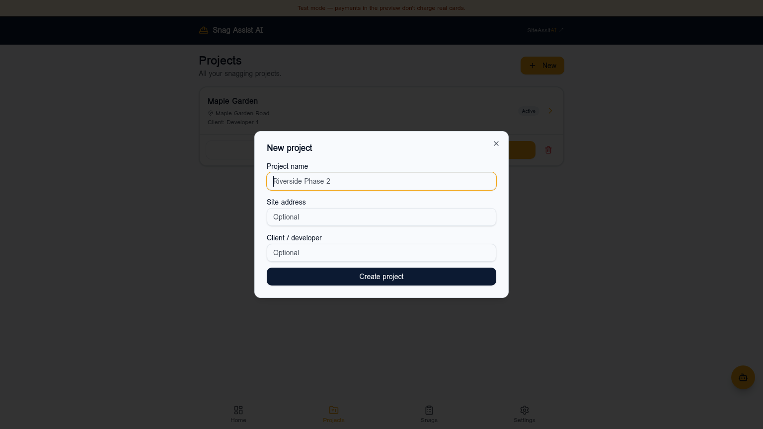 Create project dialog