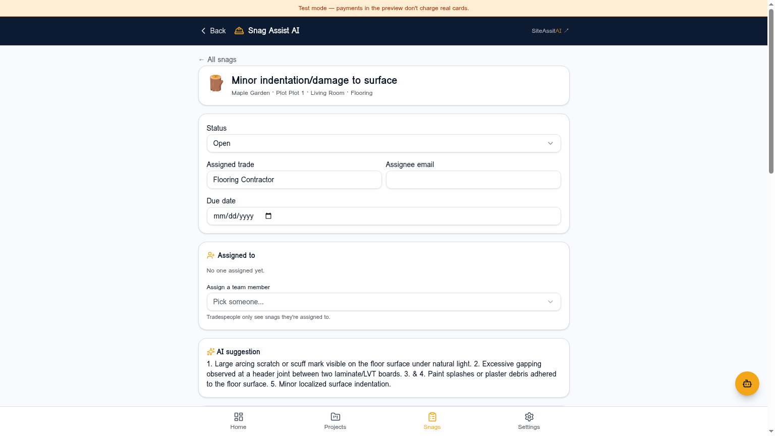 Assigning a snag to a trade